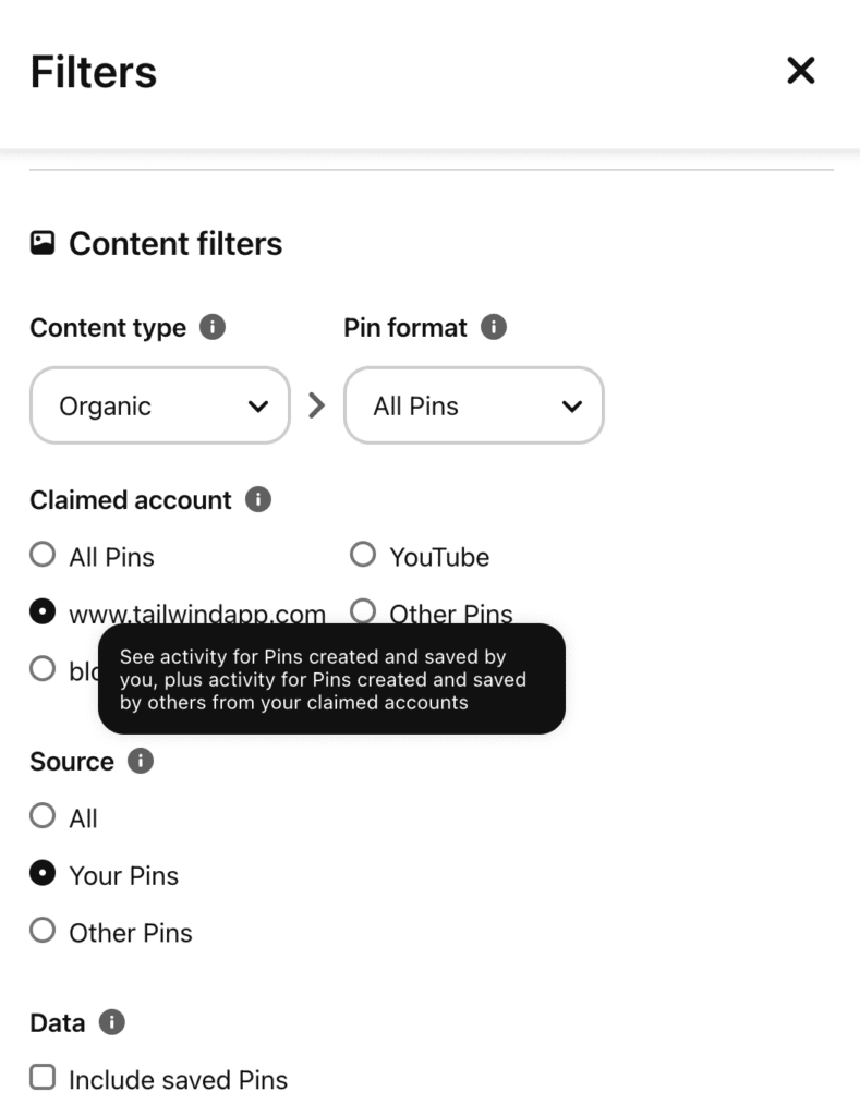 Screenshot of Pinterest's content filters page
